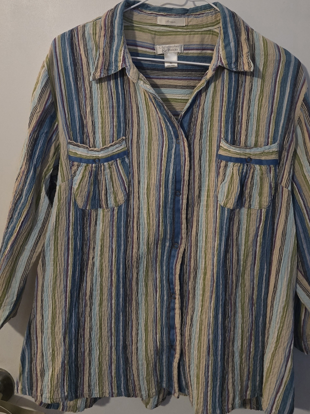 Christopher & Banks Blue, Green & Cream Striped Button-Down Shirt